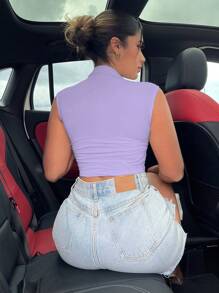 SHEIN SXY Chất rắn Cổ giả Áo phông Crop - Màu Lilac Tím - Xem 2
