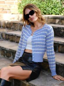 SHEIN Frenchy 條紋圖案前紐扣開襟衫 - 藍色 - 查看 2