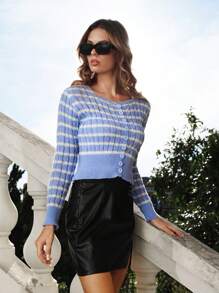 SHEIN Frenchy 條紋圖案前紐扣開襟衫 - 藍色 - 查看 5