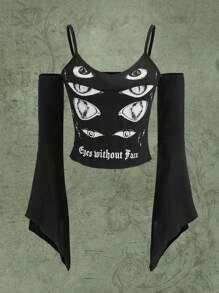 Mystic heart Fairycore Eyes Graphic Cold Shoulder Bell Sleeve Top - Black - View 1