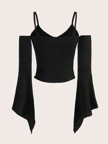 Mystic heart Fairycore Eyes Graphic Cold Shoulder Bell Sleeve Top - Black - View 2