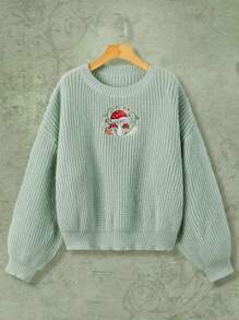 ROMWE Fairycore Plus Mushroom Embroidery Drop Shoulder Sweater - Green - View 1