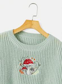 ROMWE Fairycore Plus Mushroom Embroidery Drop Shoulder Sweater - Green - View 4