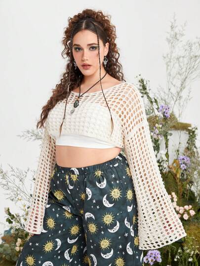 Fairycore Sweater crop ajouré en crochet d'été grande taille, École