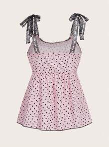 ROMWE Kawaii Heart Print Tie Strap Babydoll Cami Top, School - Pink - View 2