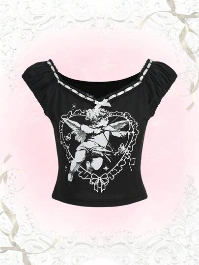 Kawaii T-shirt Imprimé Figure Manches Bouffantes