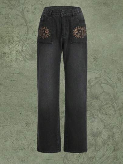 Fairycore Jeans pour femmes Boutons Poche Fermeture éclair Galaxie