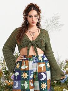 ROMWE Fairycore Plus Tie Front Pointelle Knit Cardigan - Army Green - View 1