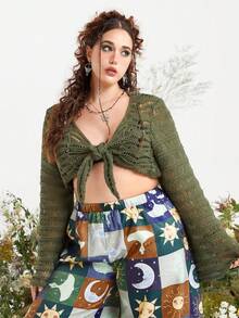 ROMWE Fairycore Plus Tie Front Pointelle Knit Cardigan - Army Green - View 2