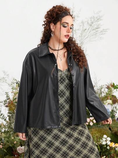 Fairycore Plus Drop Shoulder PU Jacket