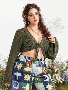 ROMWE Fairycore Plus Tie Front Pointelle Knit Cardigan - Army Green - View 4