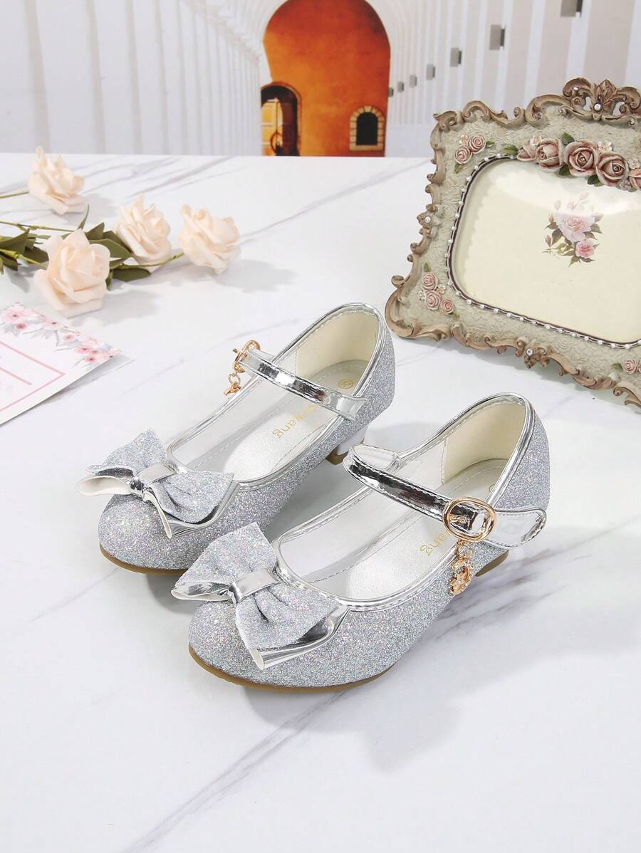 Girls' Mary Jane Style Flat Shoes With Bow Decoration, Children's Fashion Princess Shoes With High Heels - Silver - View 1