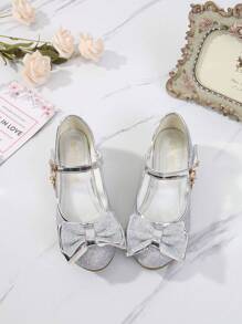 Girls' Mary Jane Style Flat Shoes With Bow Decoration, Children's Fashion Princess Shoes With High Heels - Silver - View 2