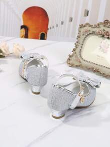 Girls' Mary Jane Style Flat Shoes With Bow Decoration, Children's Fashion Princess Shoes With High Heels - Silver - View 3