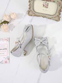 Girls' Mary Jane Style Flat Shoes With Bow Decoration, Children's Fashion Princess Shoes With High Heels - Silver - View 4