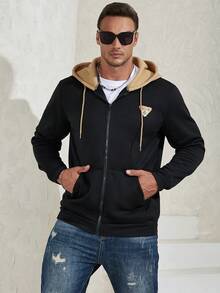 Manfinity Homme 男士大码字母圖案抽繩連帽衫 - 黑色 - 查看 3