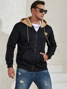 Manfinity Homme 男士大码字母圖案抽繩連帽衫 - 黑色 - 查看 5