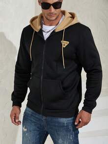 Manfinity Homme 男士大码字母圖案抽繩連帽衫 - 黑色 - 查看 6