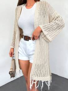 EURMUSE Cárdigan de hombros caídos bajo con fleco con parte delantera abierta - Albaricoque - Ver 1