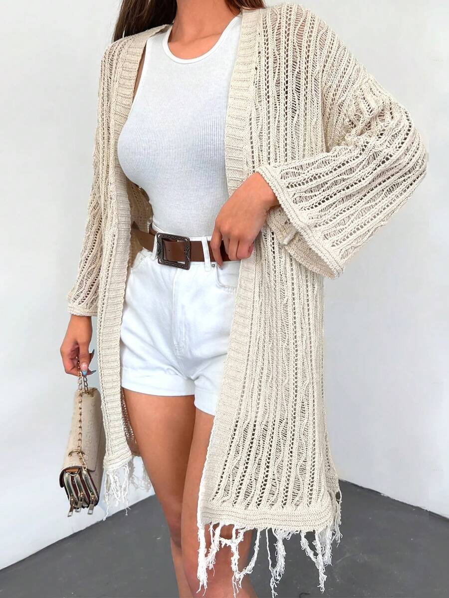 EURMUSE Cárdigan de hombros caídos bajo con fleco con parte delantera abierta - Albaricoque - Ver 1