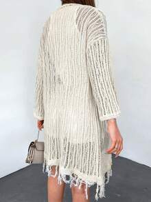 EURMUSE Cárdigan de hombros caídos bajo con fleco con parte delantera abierta - Albaricoque - Ver 2