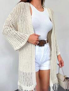 EURMUSE Cárdigan de hombros caídos bajo con fleco con parte delantera abierta - Albaricoque - Ver 3