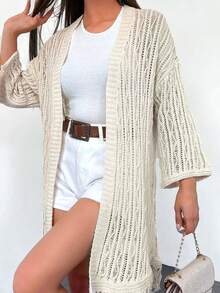 EURMUSE Cárdigan de hombros caídos bajo con fleco con parte delantera abierta - Albaricoque - Ver 4