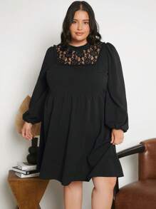 SHEIN CURVE+ Plus Contrast Lace Lantern Sleeve Dress - Black - View 5