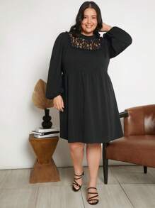 SHEIN CURVE+ Plus Contrast Lace Lantern Sleeve Dress - Black - View 3