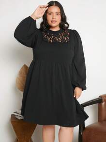 SHEIN CURVE+ Plus Contrast Lace Lantern Sleeve Dress - Black - View 4