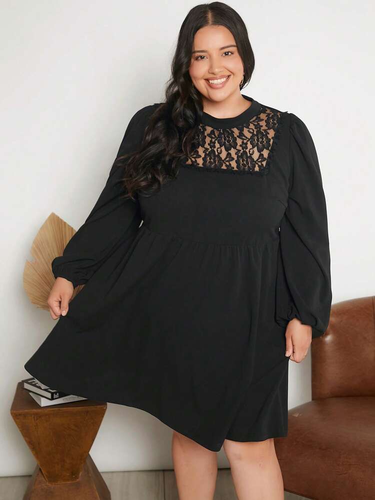 Plus Contrast Lace Lantern Sleeve Dress