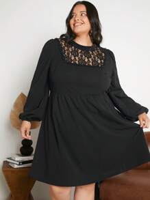 SHEIN CURVE+ Plus Contrast Lace Lantern Sleeve Dress - Black - View 1