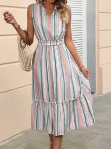 SHEIN Essnce 條紋印花荷葉邊連衣裙 - 彩色 - 查看 3