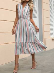 SHEIN Essnce 條紋印花荷葉邊連衣裙 - 彩色 - 查看 6