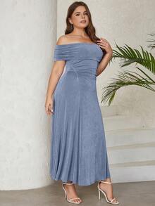 大碼一字肩側收褶連衣裙 - 霧霾藍 - 查看 4