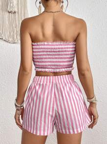 SHEIN VCAY Striped Print Bow Front Tube Top & Shorts - Pink - View 2