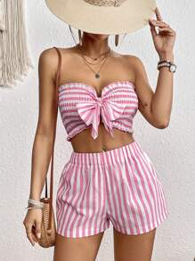 SHEIN VCAY Striped Print Bow Front Tube Top & Shorts - Pink - View 3
