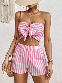 SHEIN VCAY Striped Print Bow Front Tube Top & Shorts - Pink - View 4