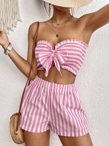 SHEIN VCAY Striped Print Bow Front Tube Top & Shorts - Pink - View 5