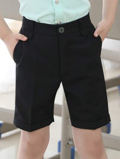 Tween Boys' School Uniform Formal Solid Suit Shorts With Pleats, Rolled Hem Bermuda Shorts, Ideal For Weddings And Special Occasions