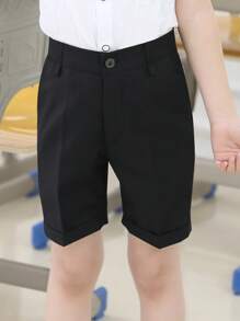 男孩校服正式素色西裝短褲，帶褶皺，捲邊百慕大短褲，非常適合婚禮和特殊場合