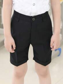 男孩校服正式素色西裝短褲，帶褶皺，捲邊百慕大短褲，非常適合婚禮和特殊場合