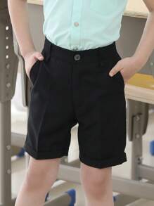 男孩校服正式素色西裝短褲，帶褶皺，捲邊百慕大短褲，非常適合婚禮和特殊場合
