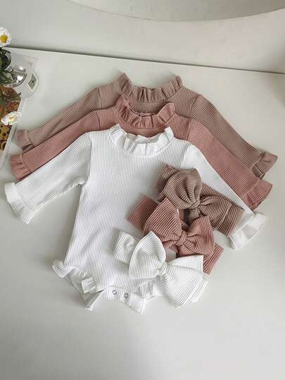 Conjunto De Trajes Para Bebé Niña En Primavera Y Otoño Con Traje De Manga Acampanada Acanalado Y Diadema De Lazo