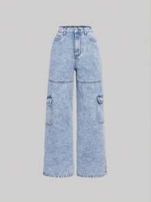 SHEIN Teen Girl Flap Pocket Side Cargo Jeans - Light Wash - View 1