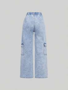 SHEIN Teen Girl Flap Pocket Side Cargo Jeans - Light Wash - View 2