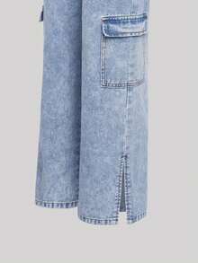 SHEIN Teen Girl Flap Pocket Side Cargo Jeans - Light Wash - View 4