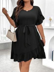 Celure Talla grande Vestido con cinturón ribete con fruncido - Negro - Ver 3