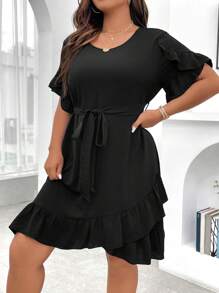Celure Talla grande Vestido con cinturón ribete con fruncido - Negro - Ver 1