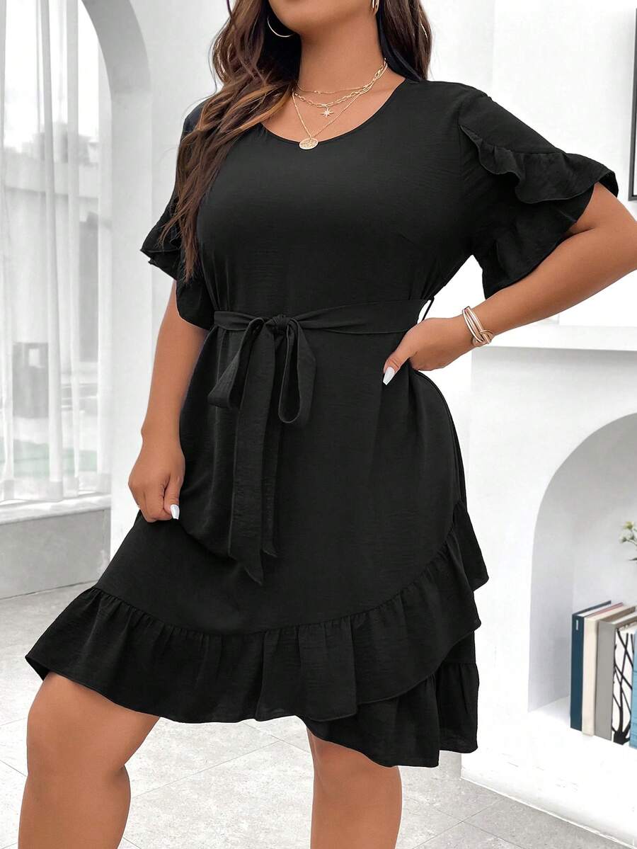 Celure Talla grande Vestido con cinturón ribete con fruncido - Negro - Ver 1